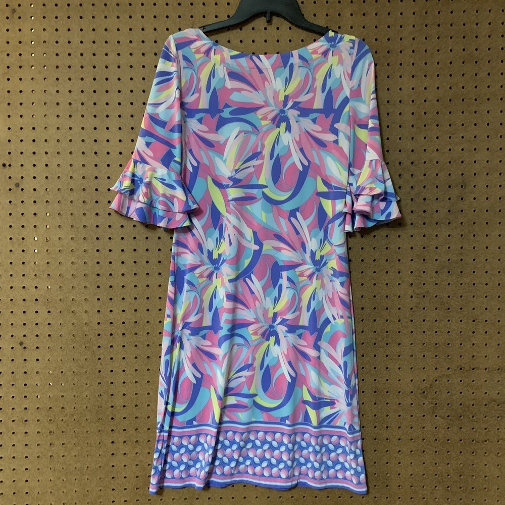 Preppy Pastel Pappagallo Shift Dress Small Pink Blue Floral Ruffle Bell Sleeve - Picture 8 of 8